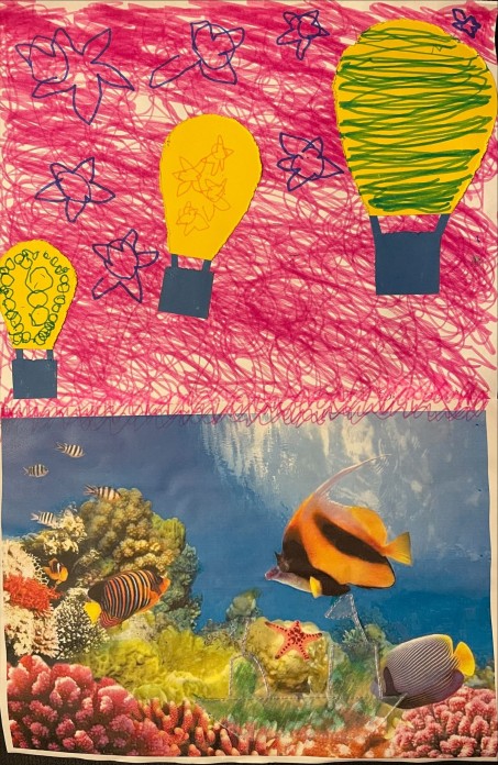 Gemälde aus dem Kunstunterricht "gelbe Heißluftballons auf pinkem Hintergrund im oberen Bildteil; Fische im Aquarium unten"