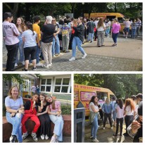 Dreiteilige Fotocollage der Schulgemeinschaft beim Eisessen am Eiswagen