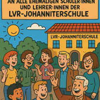 Fröhliche Cartoon-Szene: Ehemalige Schüler:innen und Lehrer:innen feiern lachend vor der LVR-Johanniterschule