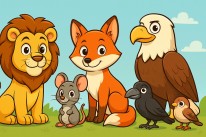 Tiere wie ein Löwe, Rabe, Maus, Sperling, Adler und ein Fuchs