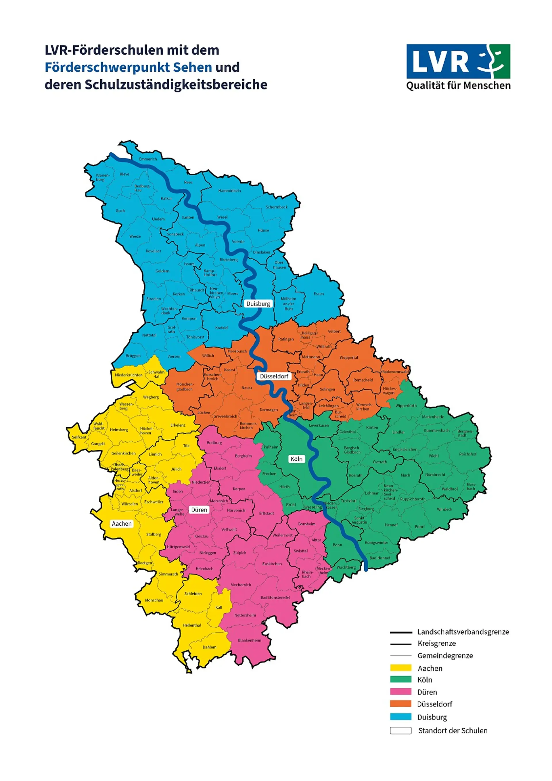 Illustration einer Karte, die die fünf LVR-Förderschulen mit dem Förderschwerpunkt Sehen und deren Schulzuständigkeitsbereiche im Rheinland darstellt. Die Karte zeigt verschiedene Regionen in unterschiedlichen Farben, für die jeweils eine LVR-Schule in einer Stadt zugeordnet ist: Für die blaue Region ist die LVR-Schule in Duisburg zuständig; für die orangene Region die LVR-Schule in Düsseldorf; für die Grüne die LVR-Schule in Köln; für die Gelbe die LVR-Schule in Aachen; für die Pinke die LVR-Schule in Düren. Der Titel der Karte lautet "LVR-Förderschulen mit dem Förderschwerpunkt Sehen und deren Schulzuständigkeitsbereiche". Oben rechts ist das Logo "LVR Qualität für Menschen" abgebildet."