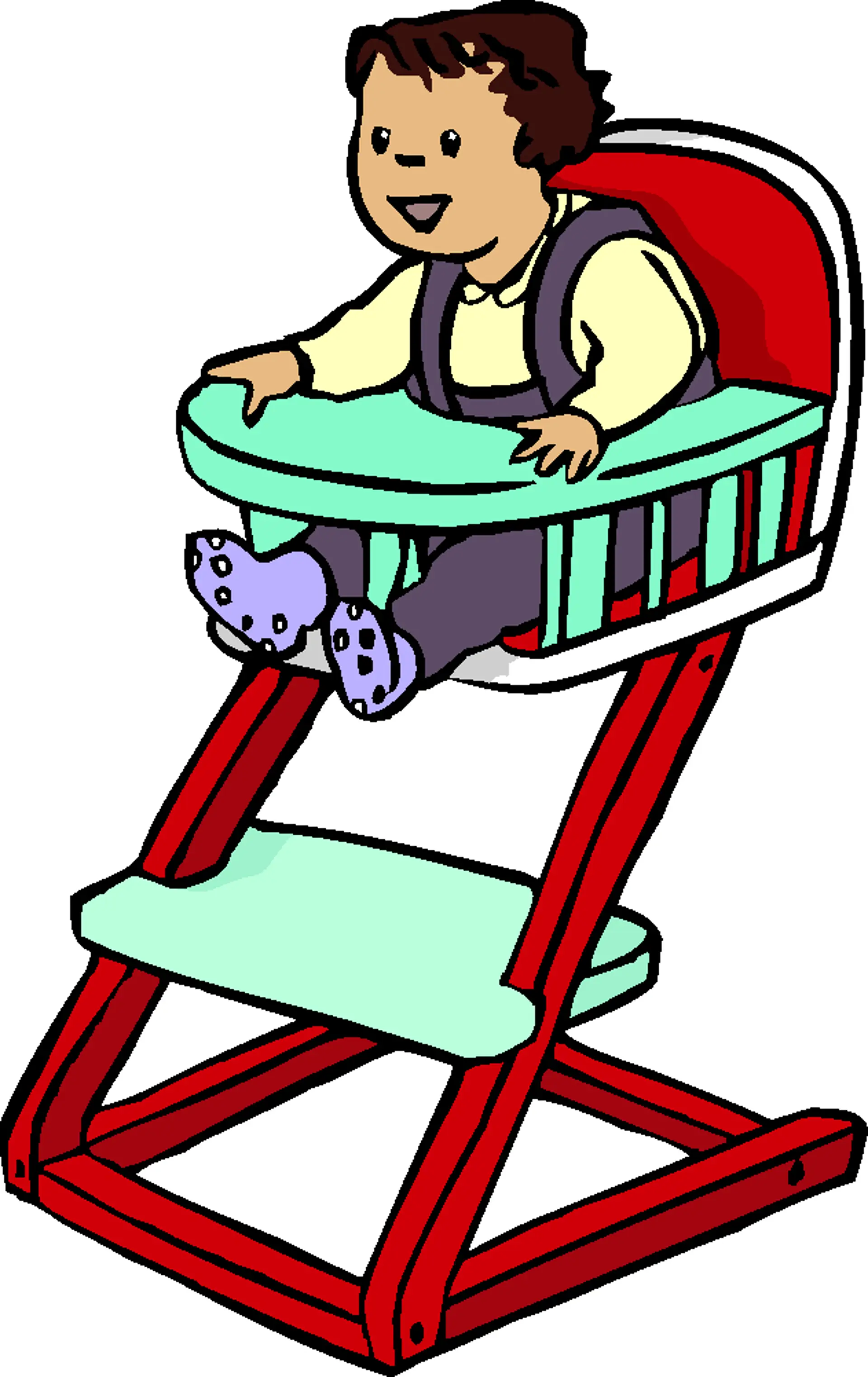 Ein Baby sitzt auf einem Baby-Hochstuhl und streckt fröhlich seine Arme und Beine nach vorne.