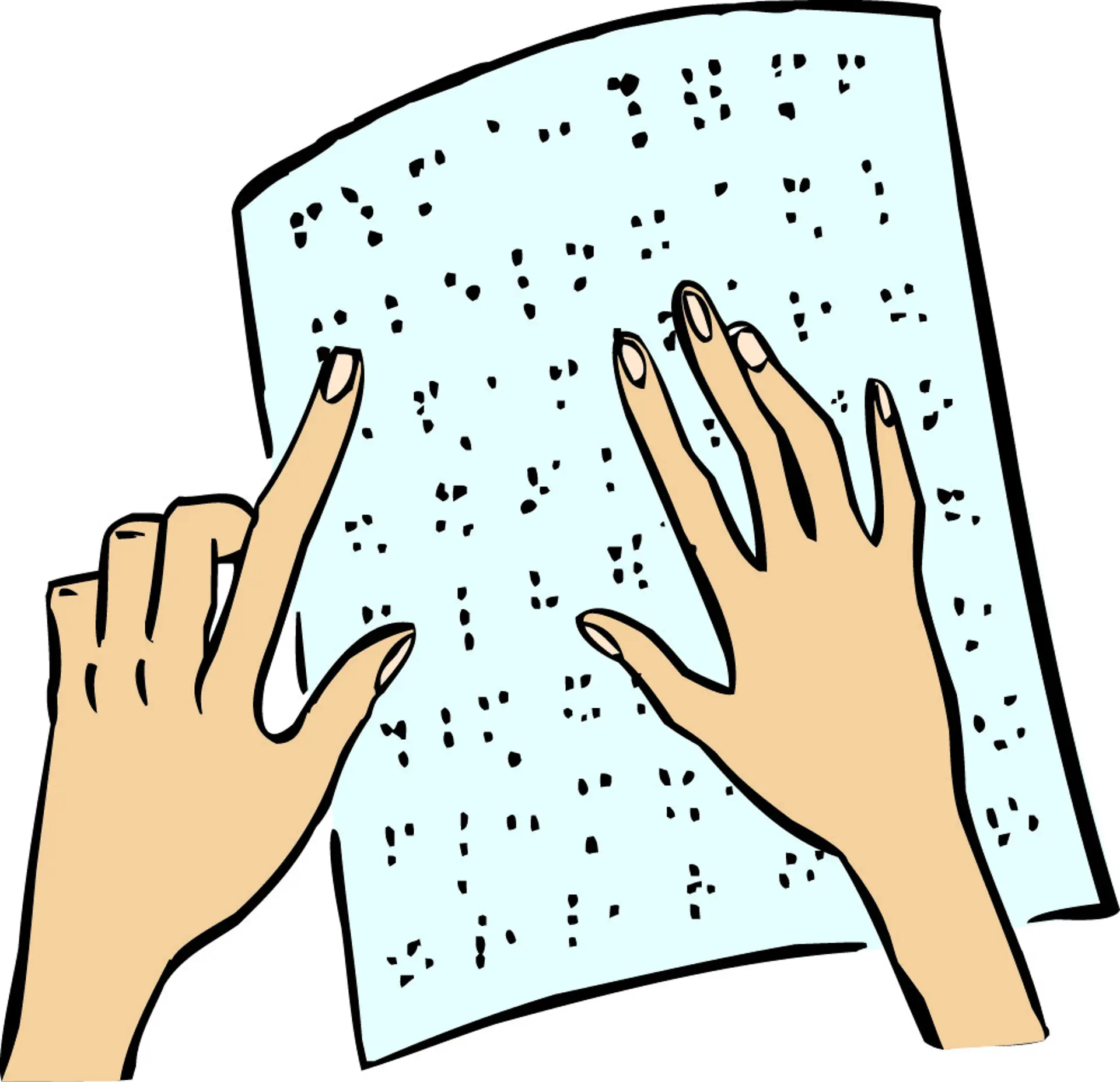Illustration zweier Hände, die über ein Blatt mit Brailleschrift, sprich Punktschrift für blinde Menschen, tasten.