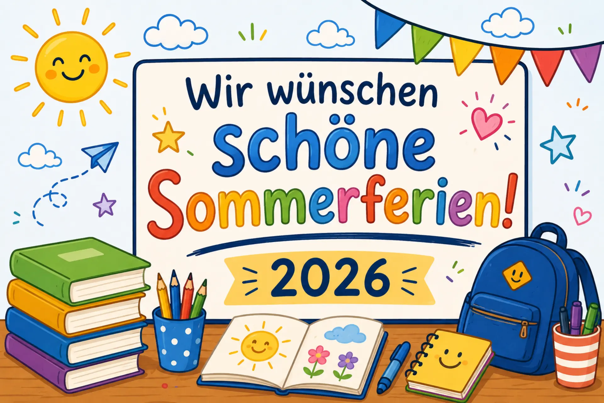 Schild mit der Aufschrift "Wir wünschen schöne Sommerferien 2026"