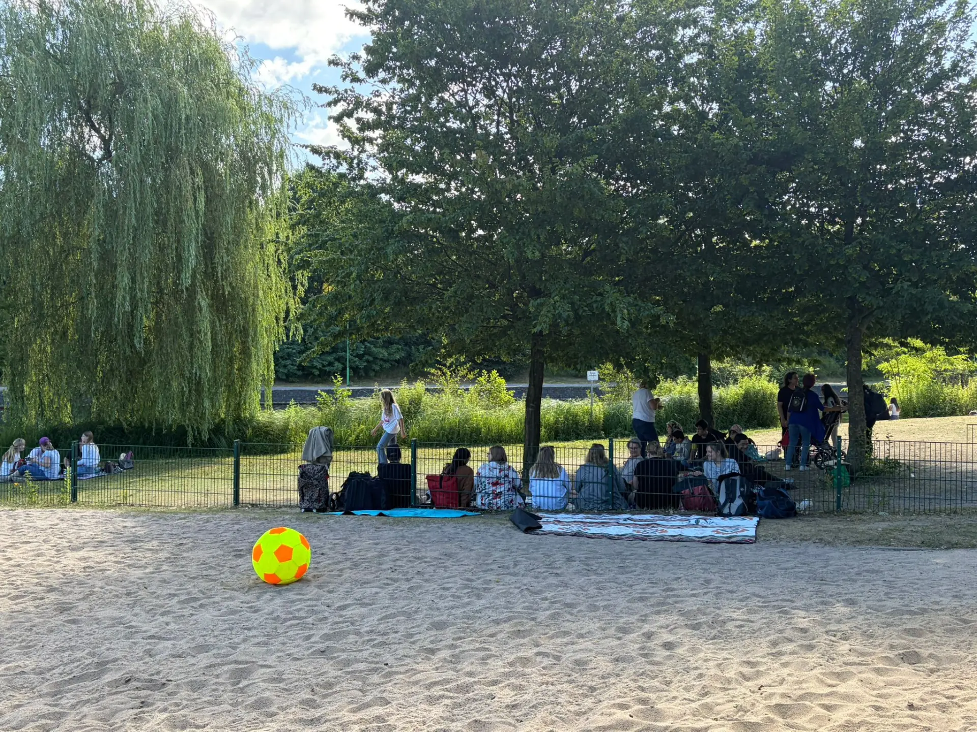 Schülerrinnen und Schüler sitzen unter Bäumen auf einer Wiese auf Picknickdecken