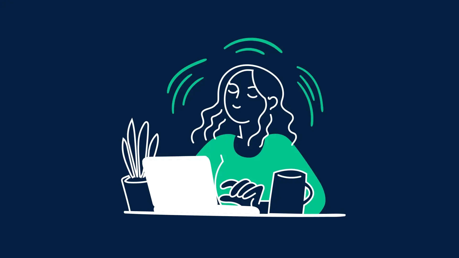 Eine Illustration von einer jungen Frau, die an ihrem Laptop arbeitet. Neben ihr steht eine Tasse und eine Topfpflanze.