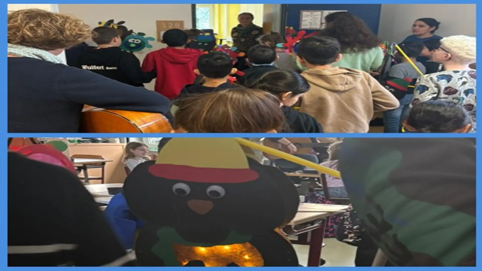 Ein bunter Laternenzug in einer Schule: Viele Kinder stehen zusammen auf den Fluren und in einem Klassenraum, halten selbstgebastelte, leuchtende Laternen und wirken fröhlich und gespannt – begleitet von Lehrkräften und Musik.