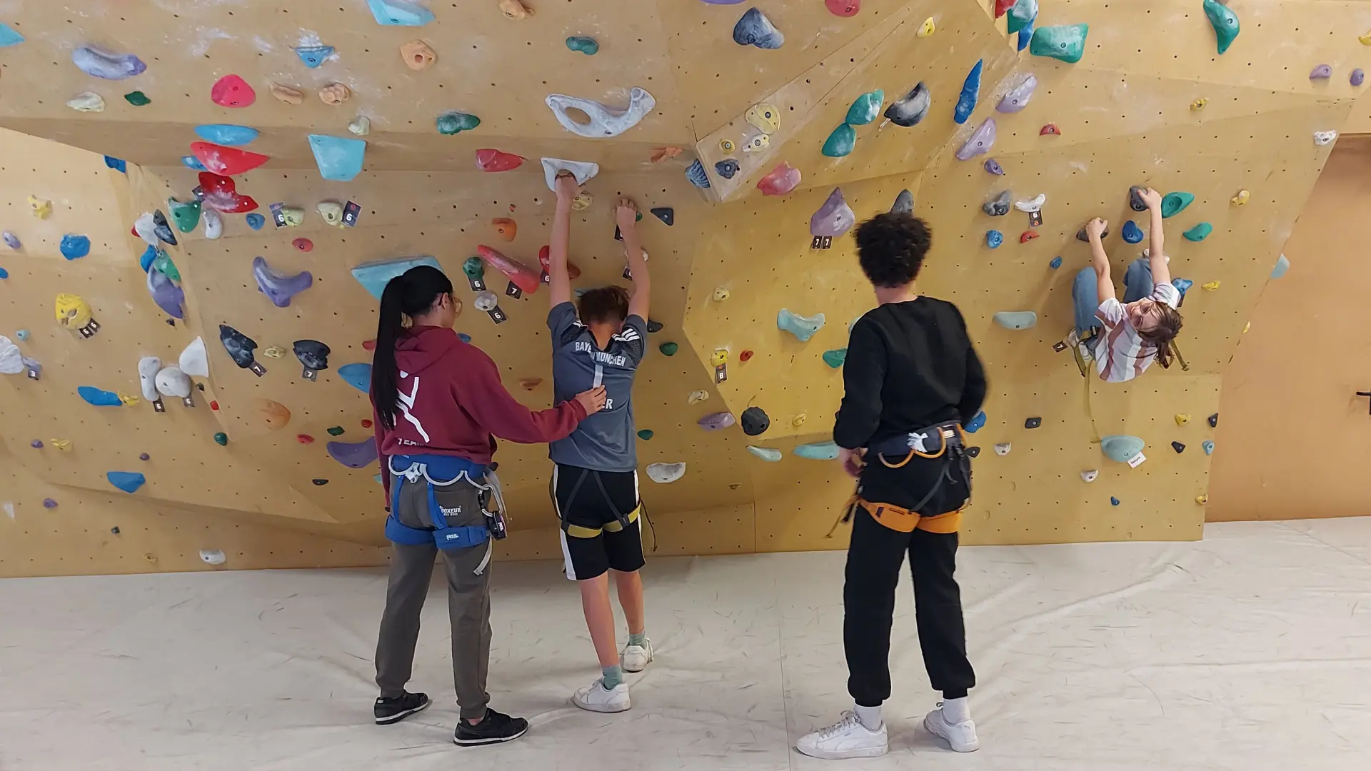 Vier Jugendliche vor einer bunten Boulderwand in einer Kletterhalle